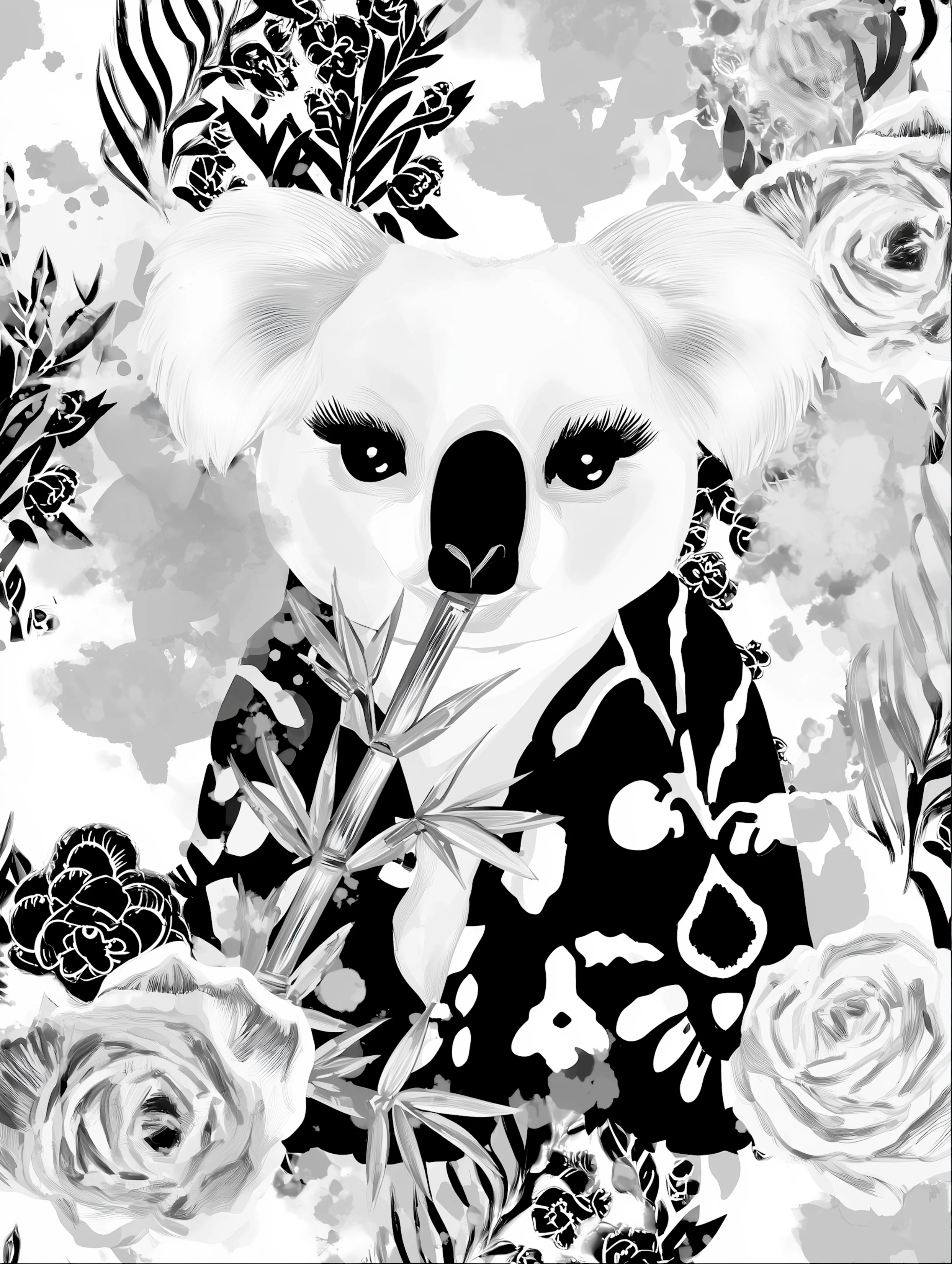 Free printable koala coloring page for adults featuring koala chewing on bamboo